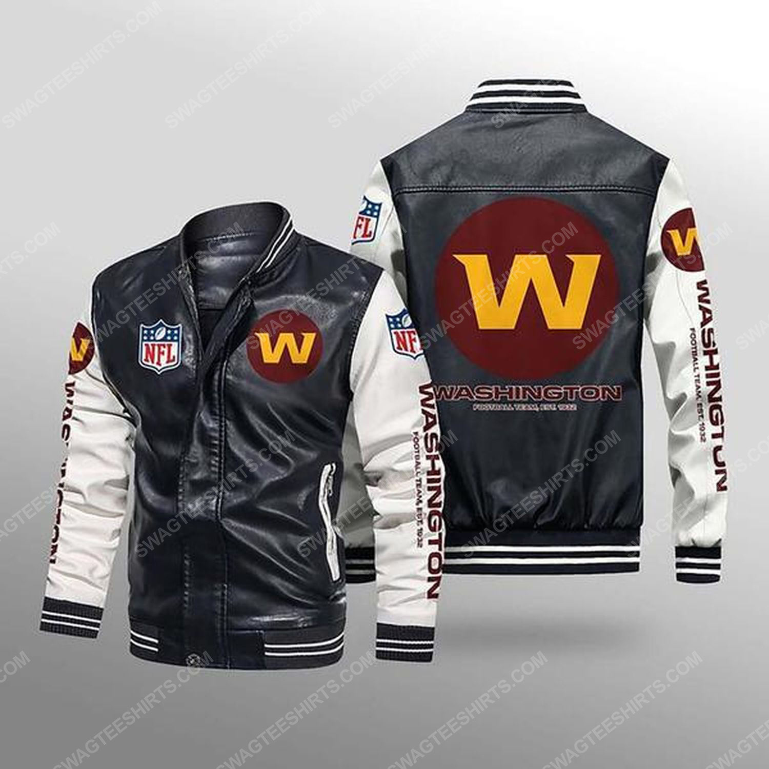 Washington football team all over print leather bomber jacket - white