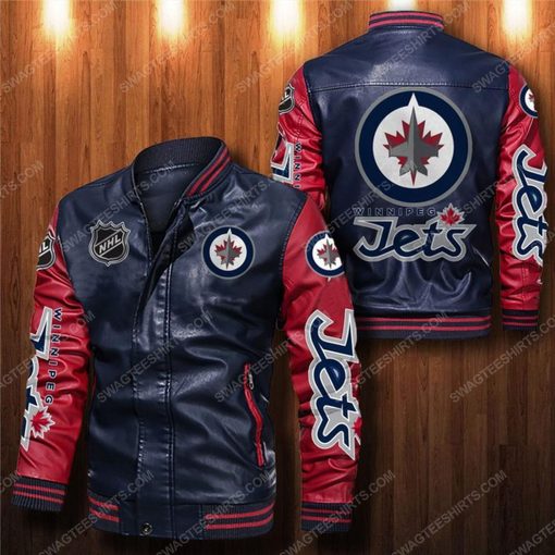 Winnipeg jets all over print leather bomber jacket - red
