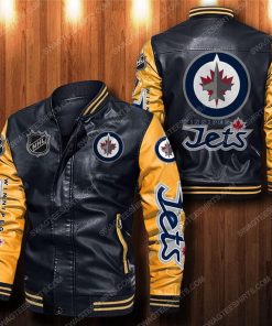 Winnipeg jets all over print leather bomber jacket - yellow