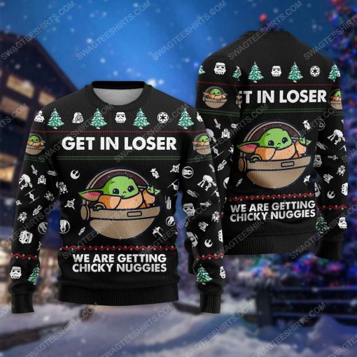Baby yoda get in loser we're getting chicky nuggies ugly christmas sweater 1
