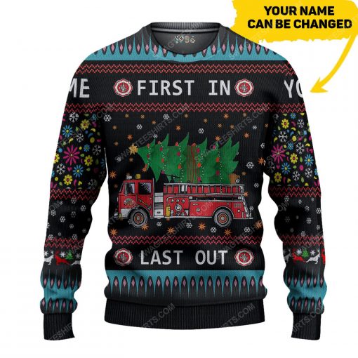 Custom firefighter and christmas tree ugly christmas sweater 1