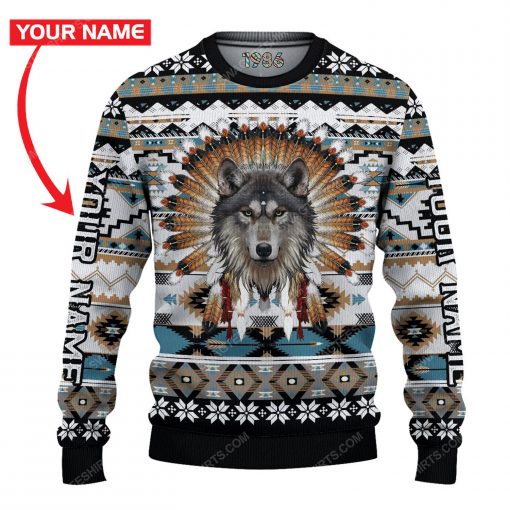 Custom wolf native american ugly christmas sweater 1