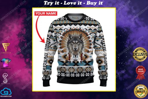 Custom wolf native american ugly christmas sweater