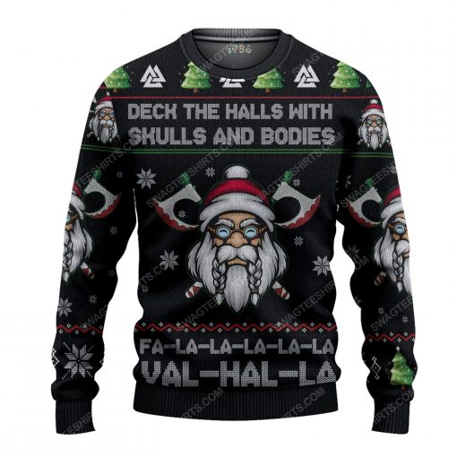 Deck the halls with skulls and bodies viking ugly christmas sweater 1