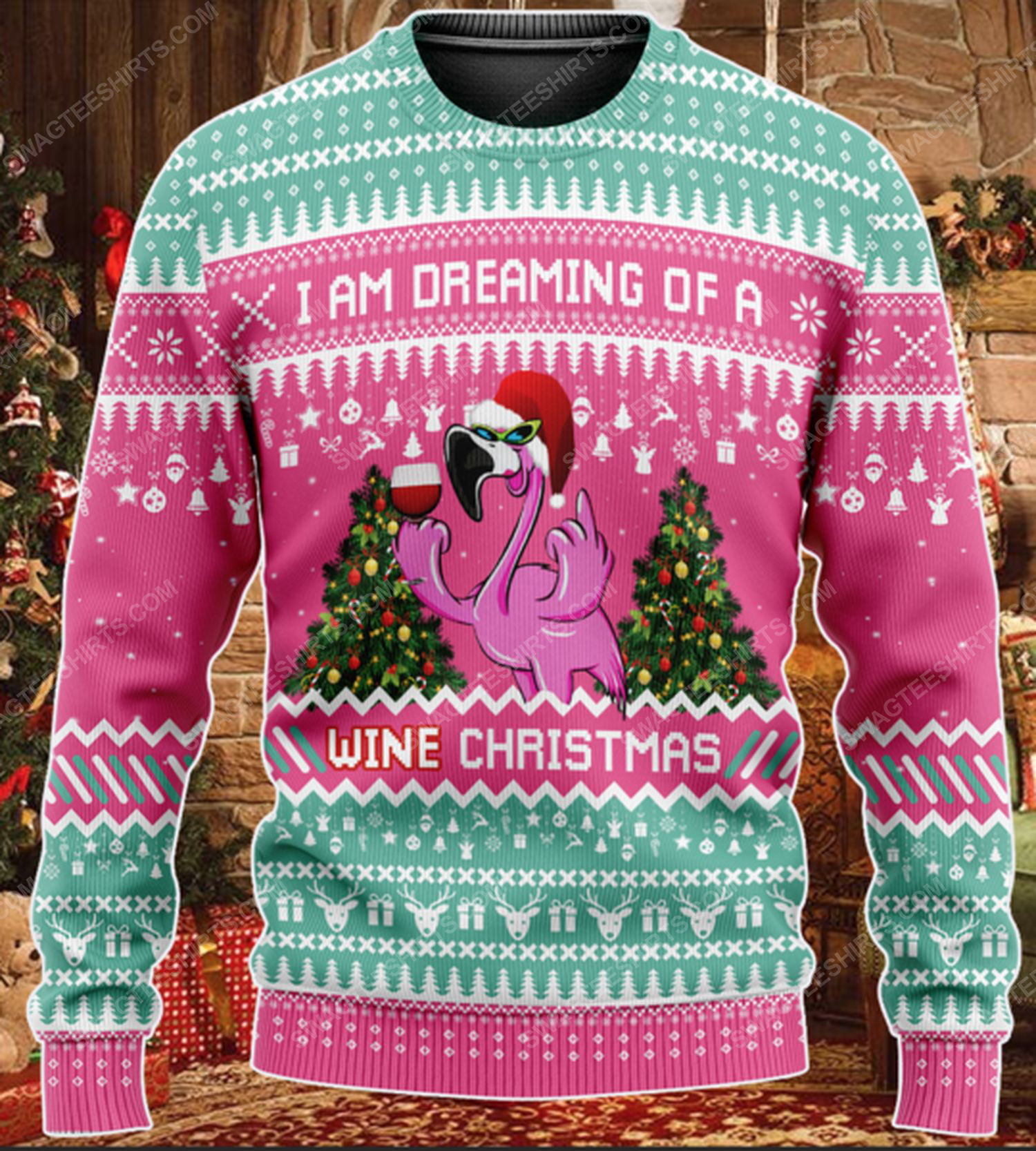 I'm dreaming of a wine christmas flamingo ugly christmas sweater