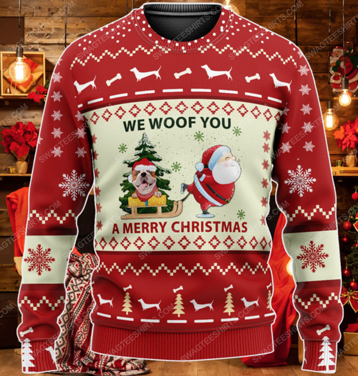Red bulldog we woof you a merry christmas ugly christmas sweater