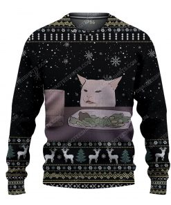 Two women yelling at a cat ugly christmas sweater 1