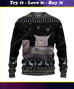 Two women yelling at a cat ugly christmas sweater