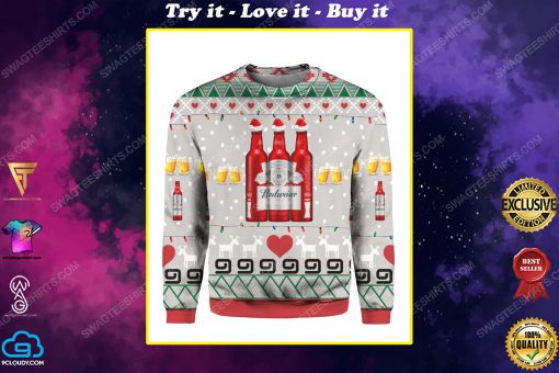 Budweiser beer red bottles all over print ugly christmas sweater