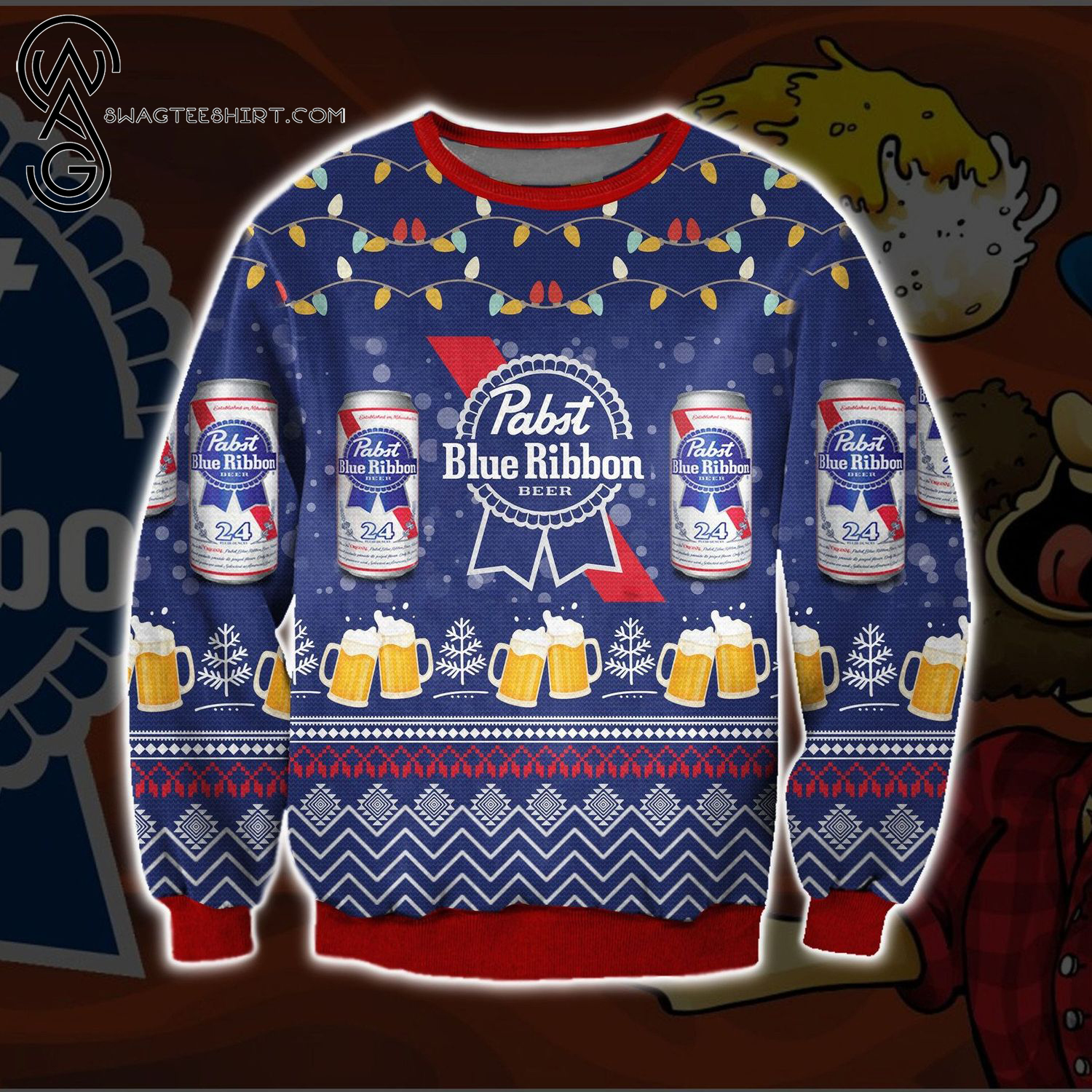 Pabst Blue Ribbon Beer Full Print Ugly Christmas Sweater