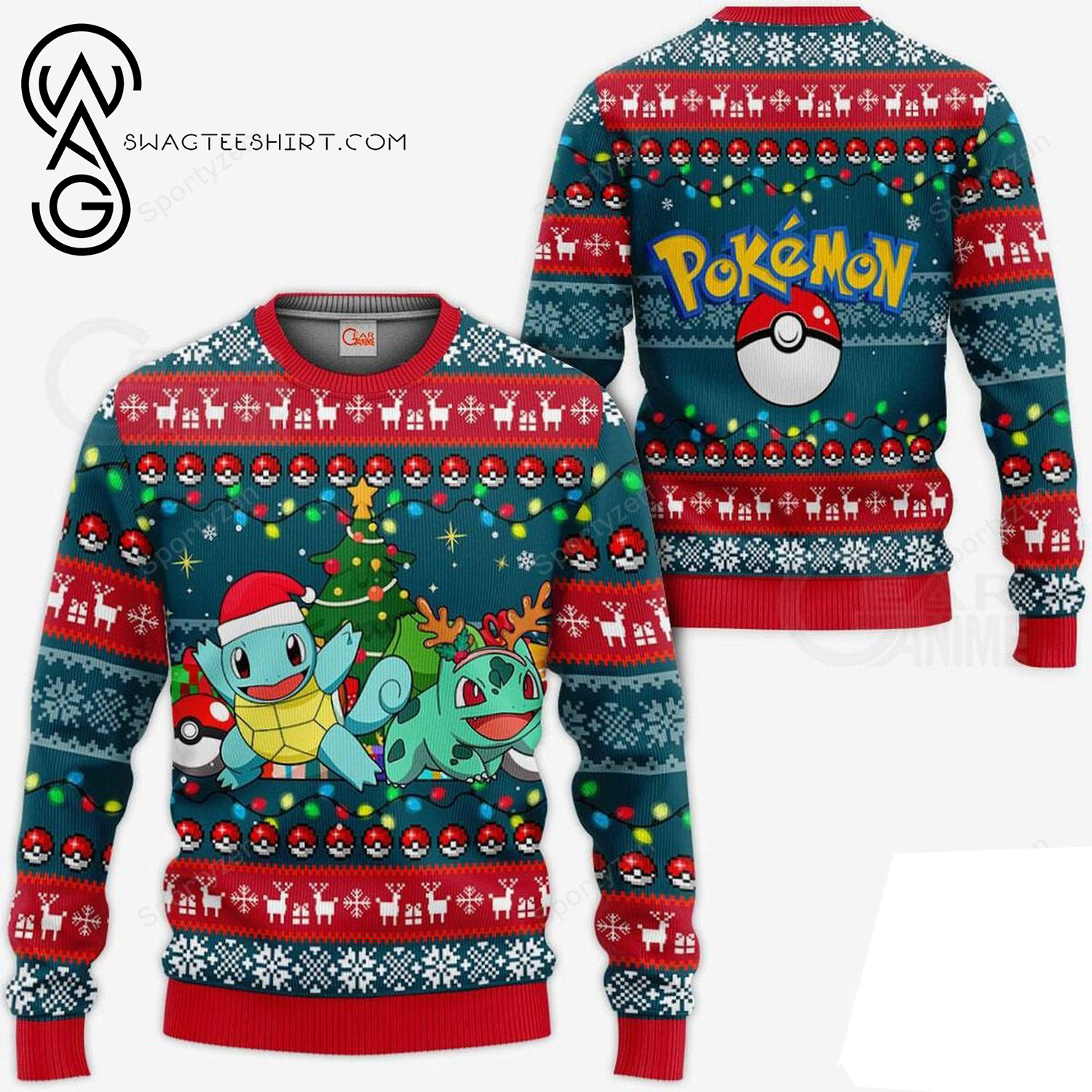 Anime Pokemon And Christmas Tree Full Print Ugly Christmas Sweater