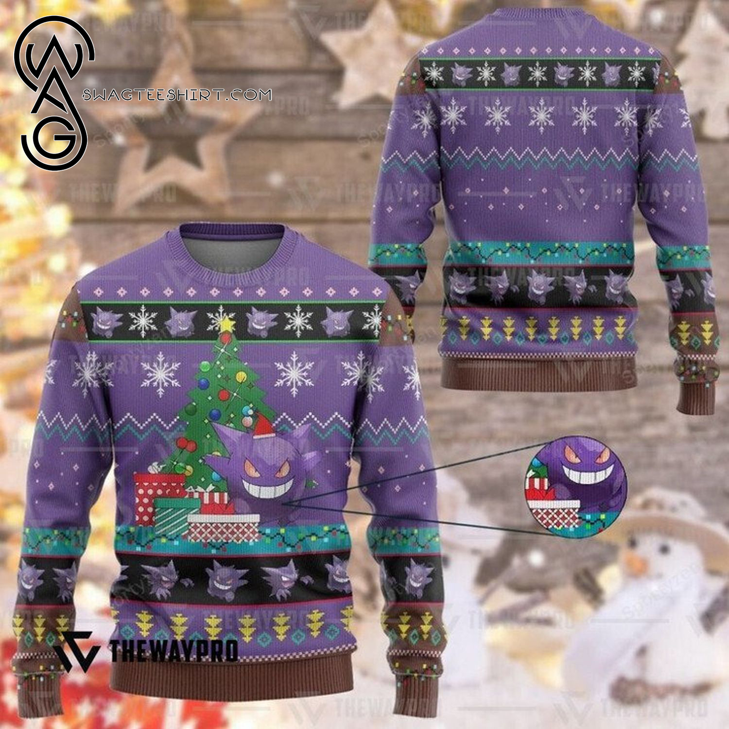 Pokemon Gengar And Christmas Tree Full Print Ugly Christmas Sweater
