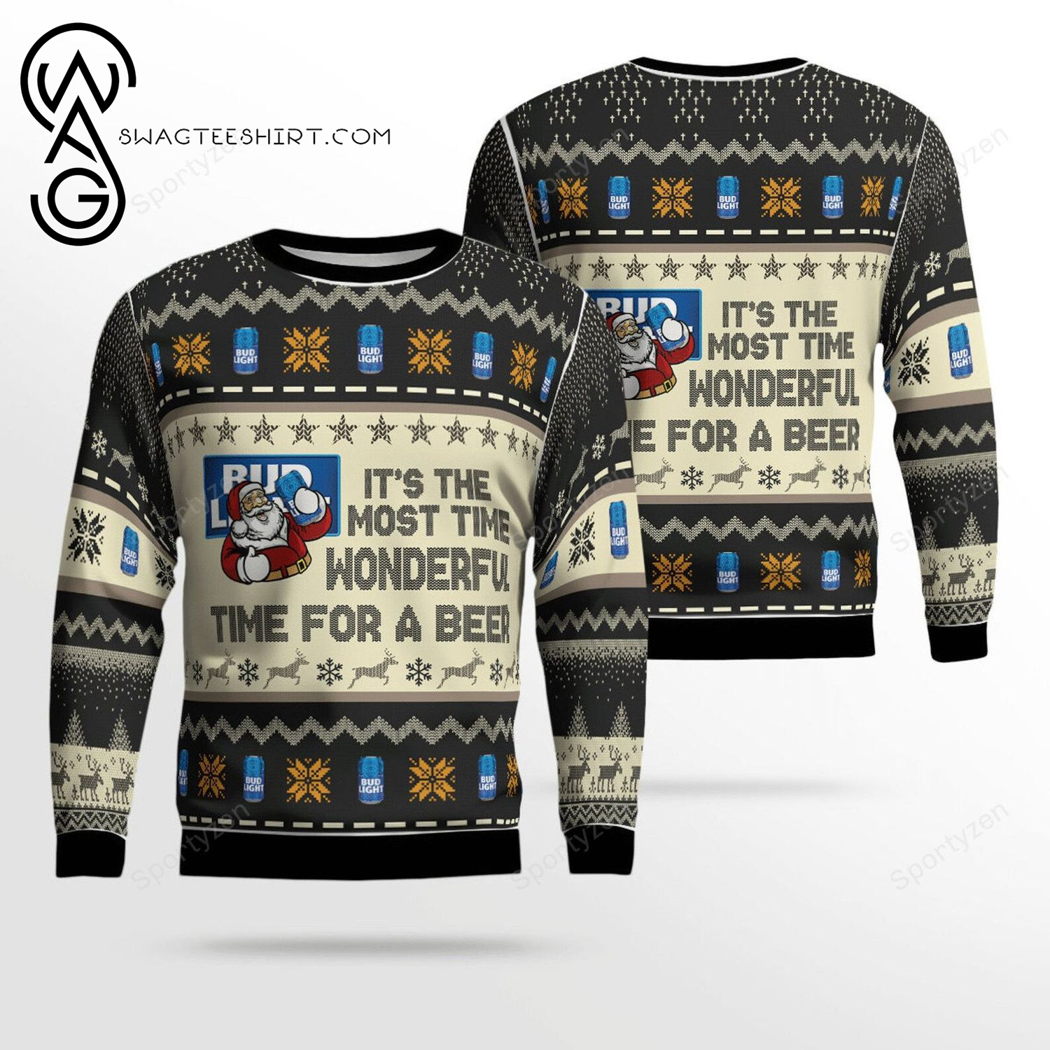 Santa Claus Bud Light It's The Most Wonderful Time For A Beer Full Print Ugly Christmas Sweater