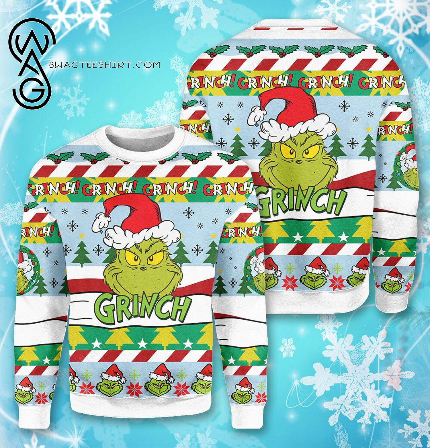 The Grinch With Santa Hat Full Print Ugly Christmas Sweater