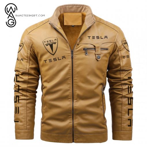 Tesla Electric Cars Symbol Fleece Leather Jacket