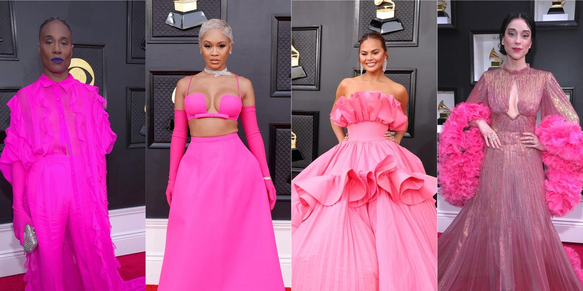 Grammy 2022 red carpet fashion pink and black tones overwhelm the glitz of sequins