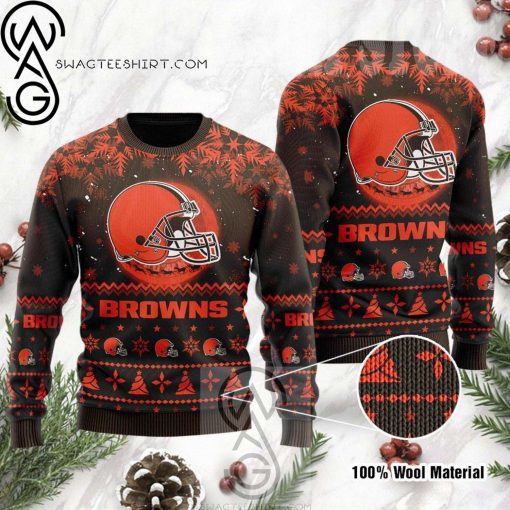 Cleveland Browns Santa Claus In The Moon Knitting Pattern Ugly Christmas Sweater