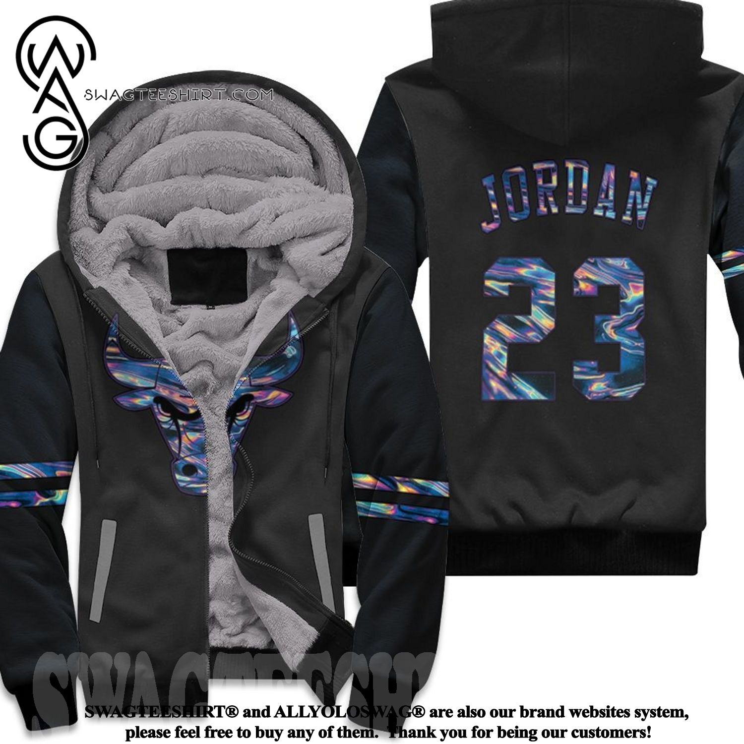 Bulls Michael Jordan Iridescent Holographic Black Inspired Full Printed Fleece Hoodie