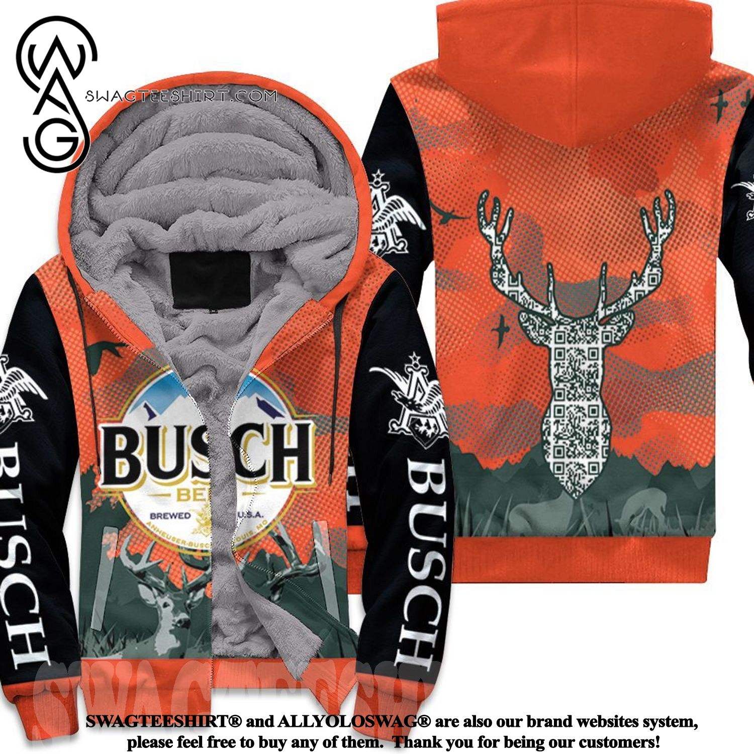 Busch Beer Logo And Deer Head Full Printing Fleece Hoodie