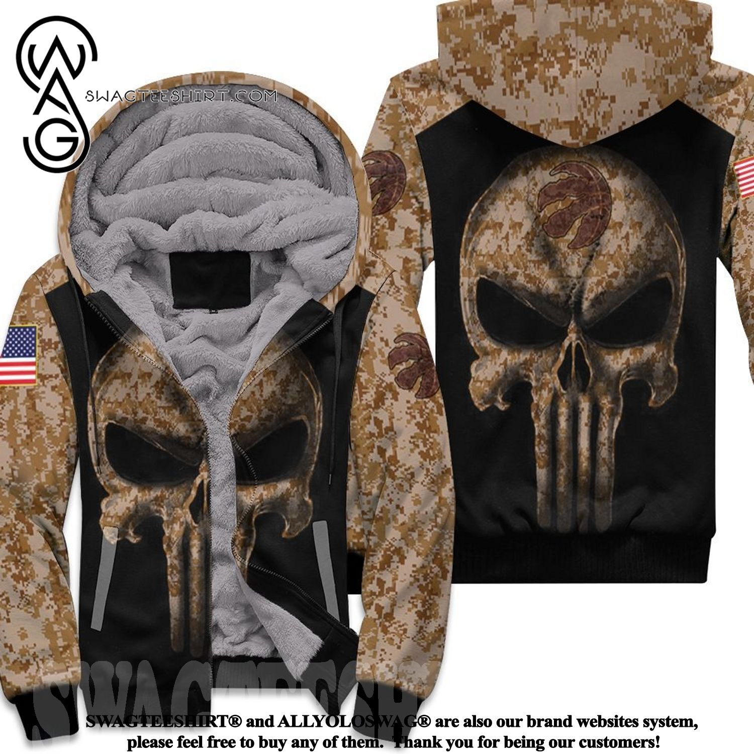 Camouflage Skull Toronto Raptors American Flag New Outfit Full Printed Fleece Hoodie