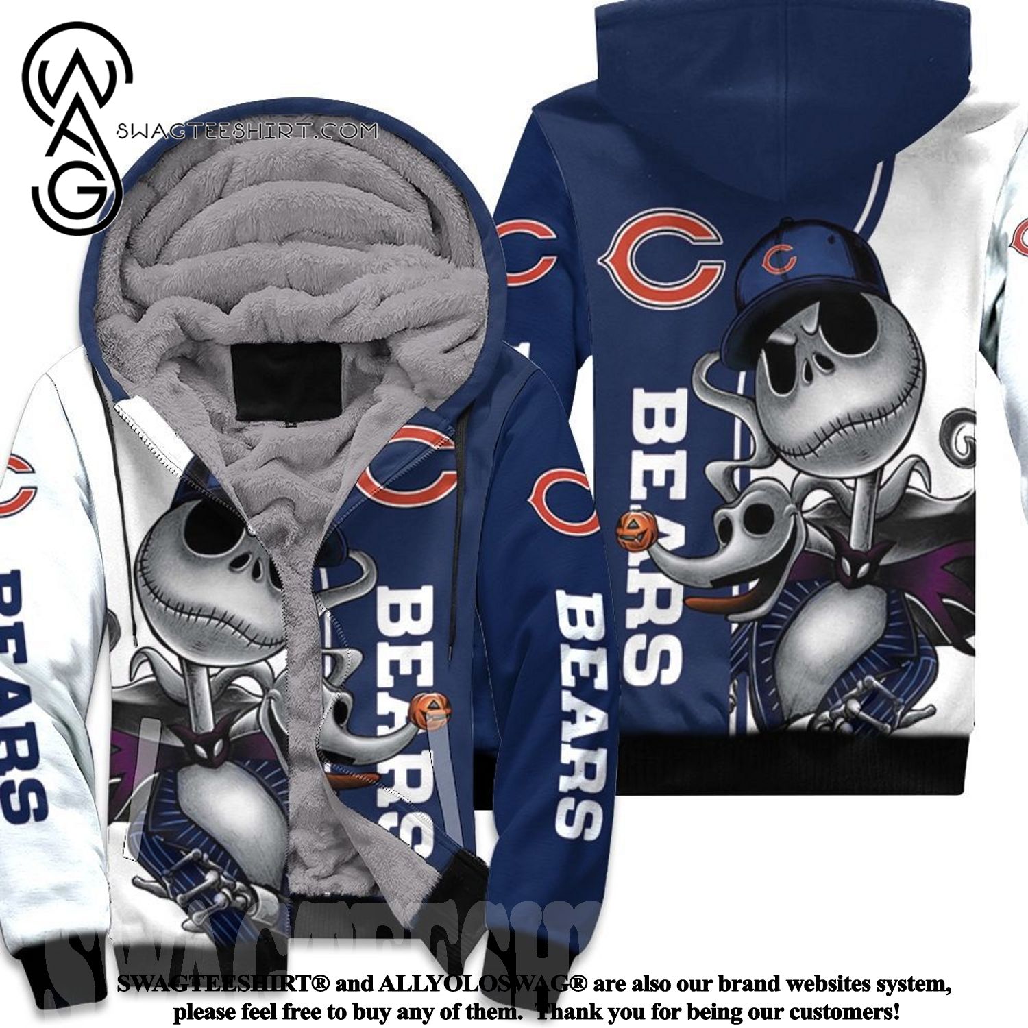 Chicago Bears Jack Skellington And Zero 3D Fleece Hoodie