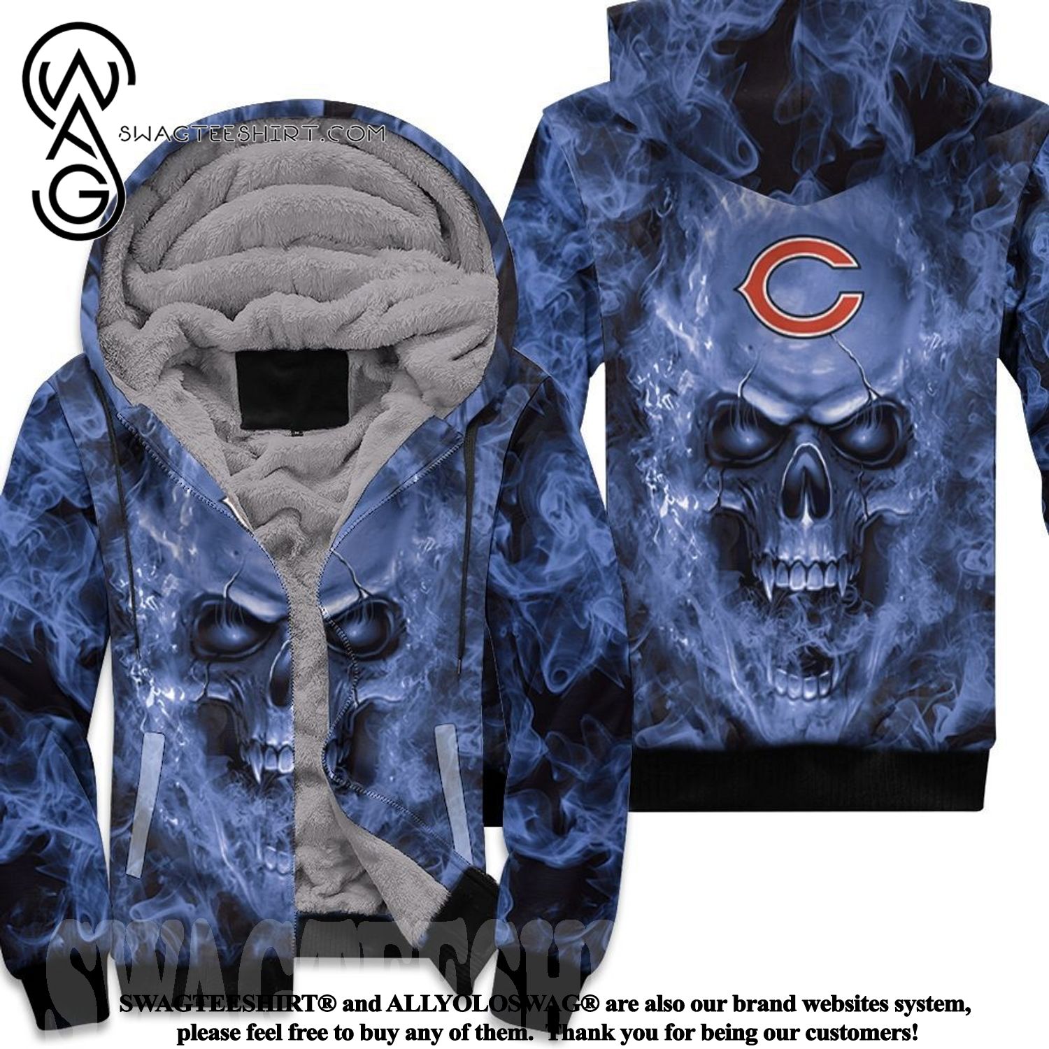 Chicago Bears Nfl Fans Skull Cool Version Fleece Hoodie
