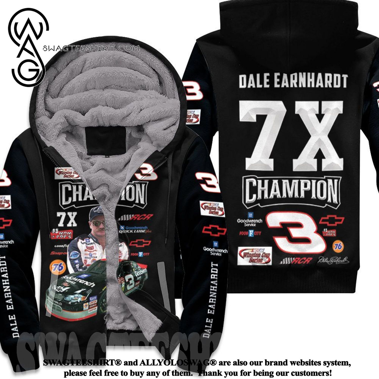 Dale Earnhardt Champion 7x Chevrolet Racing Car Signed New Outfit Full Printed Fleece Hoodie
