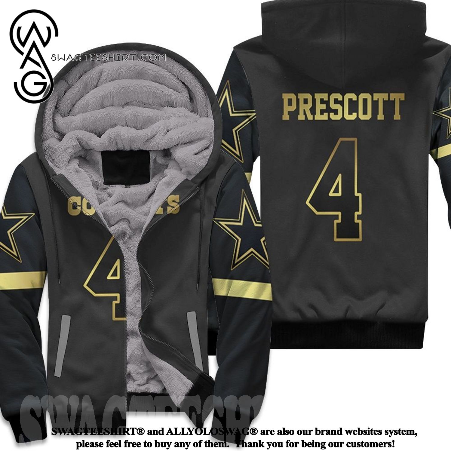 Dallas Cowboys 4 Dak Prescott Black Golden Edition Inspired High Fashion Fleece Hoodie