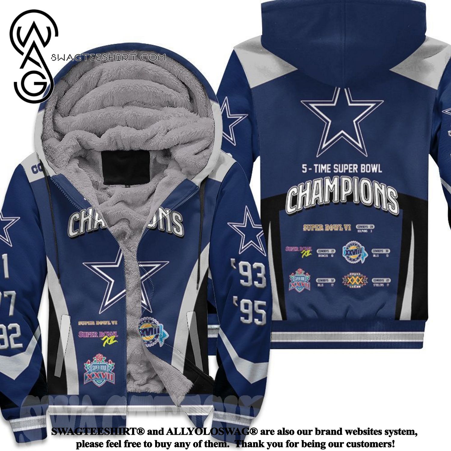 Dallas Cowboys 5 Time Super Bowl Champions New Style Fleece Hoodie