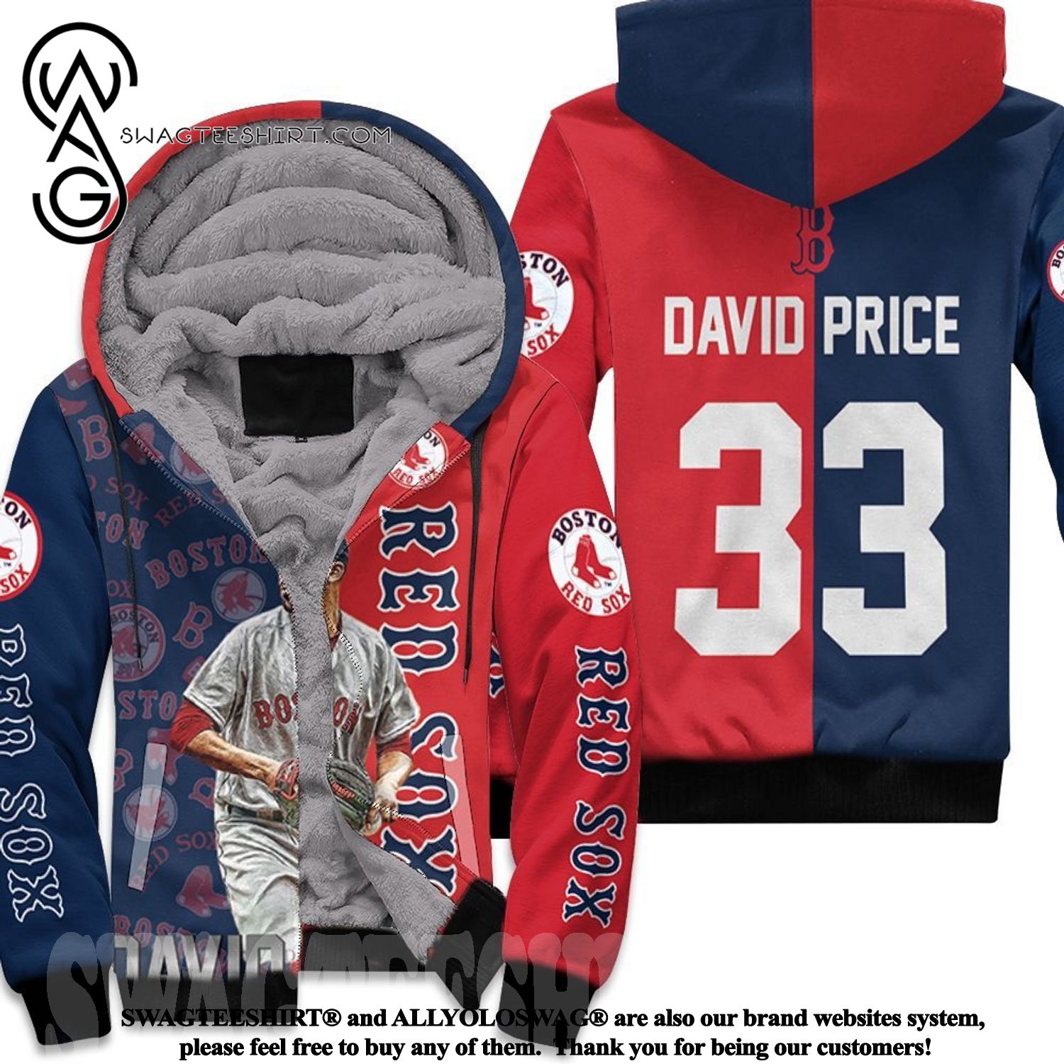 David Price Boston Red Sox 33 New Outfit Full Printed Fleece Hoodie