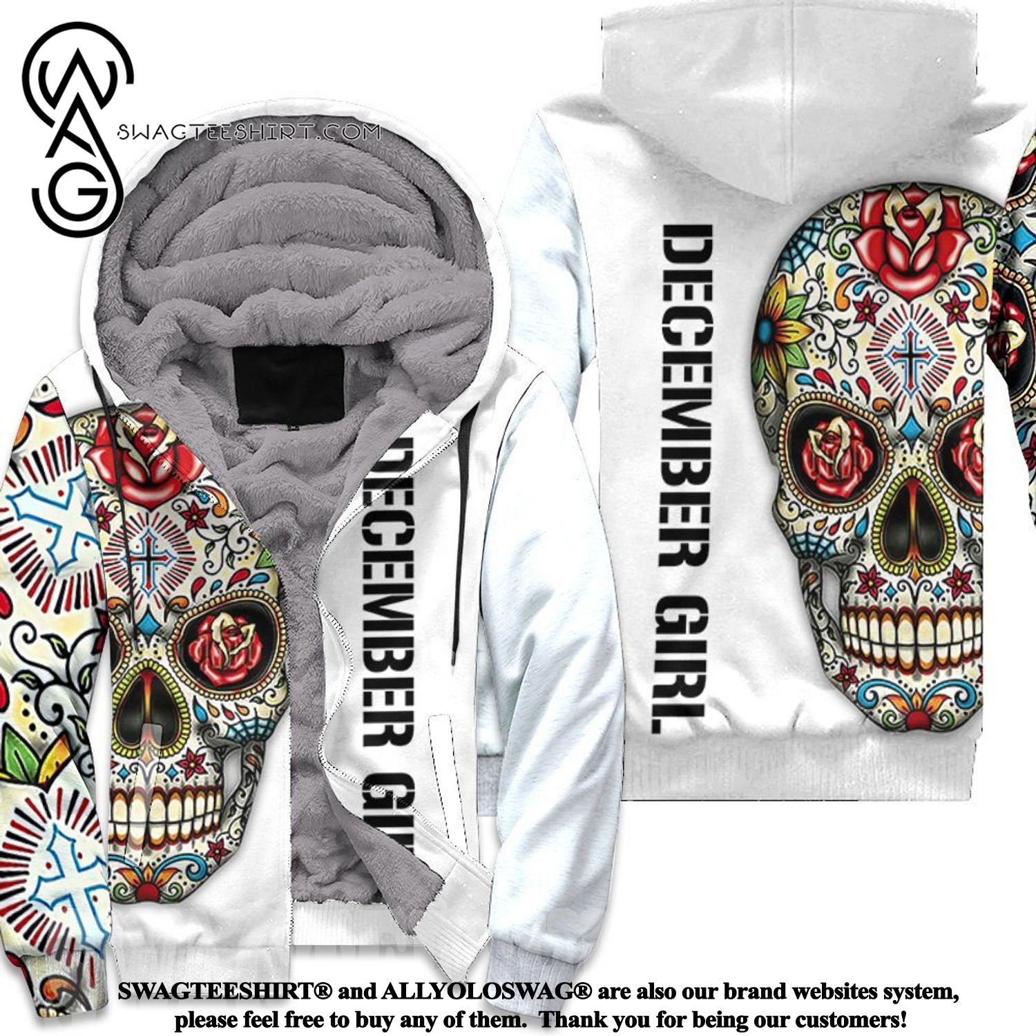 December Girl Skull All Over Printed Fleece Hoodie