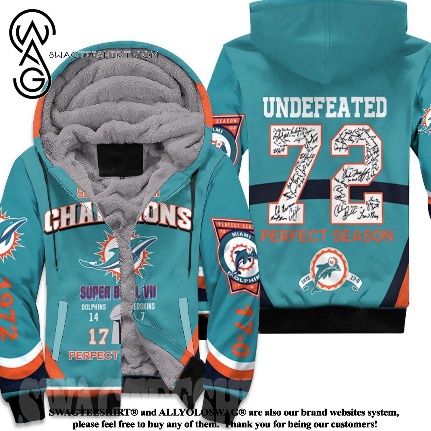 Dolphins Super Bowl Vii Champions 1972 Season Undefeated Hoodie New Fashion Full Printed Fleece Hoodie