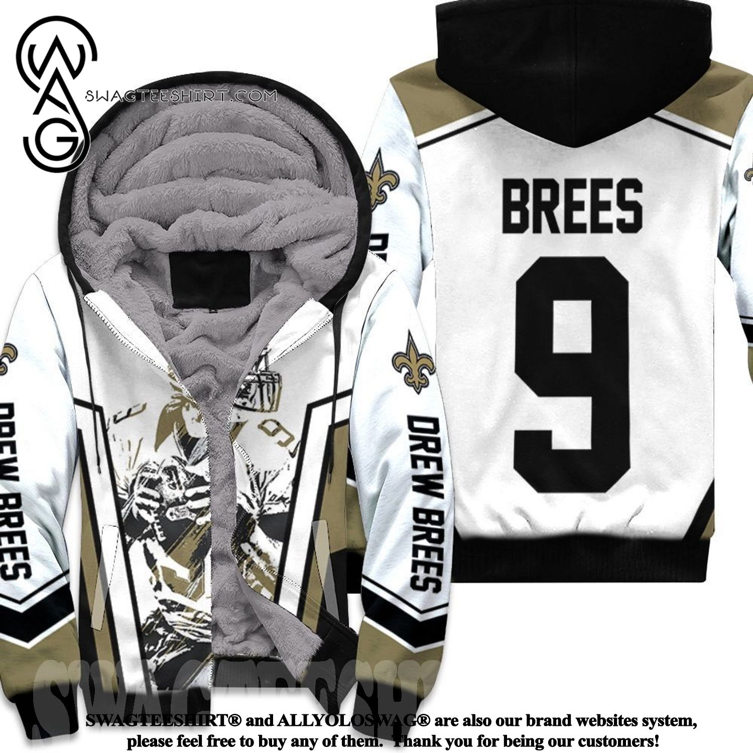 Drew Brees New Orleans Saints Watercolor White Background Street Style All Over Print Fleece Hoodie