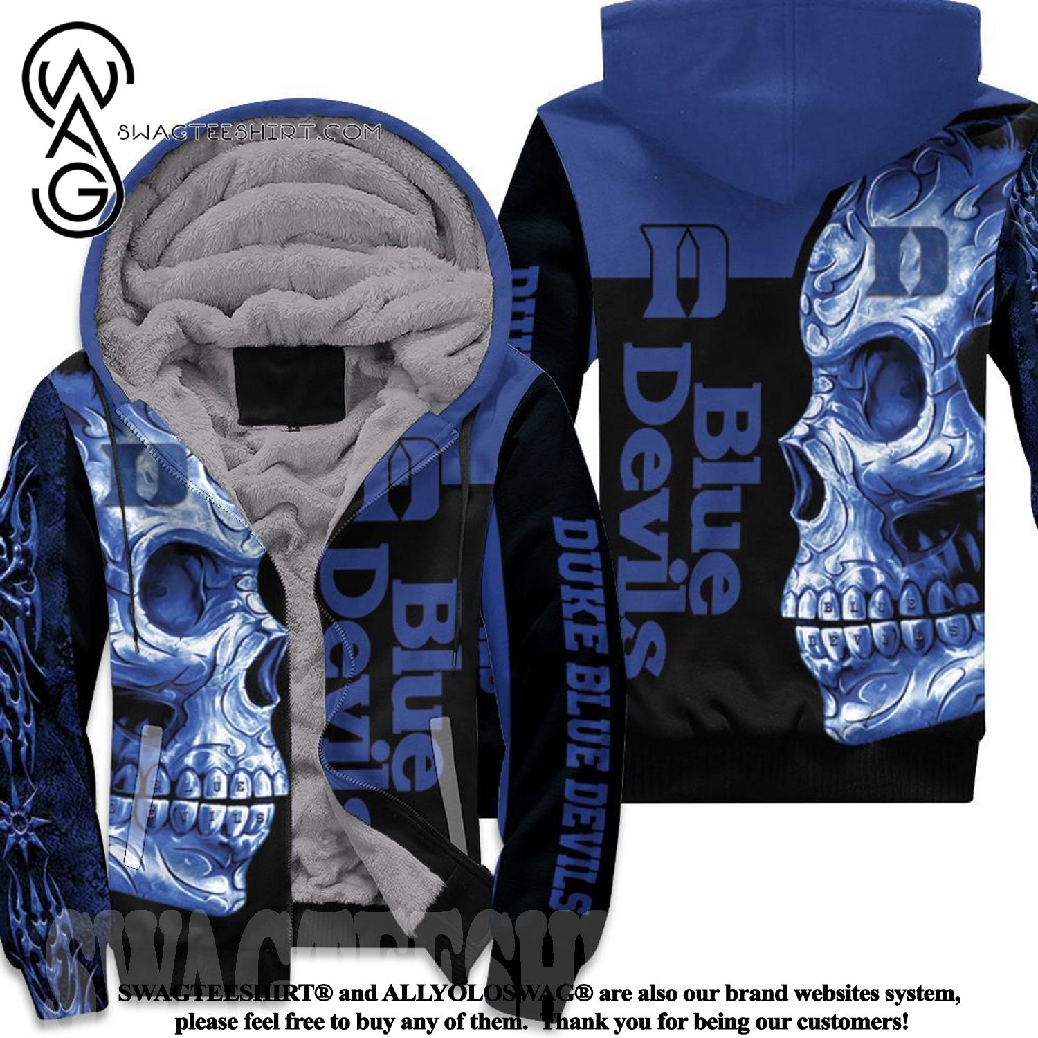 Duke Blue Devils NCAA Skull Hot Version All Over Printed Fleece Hoodie